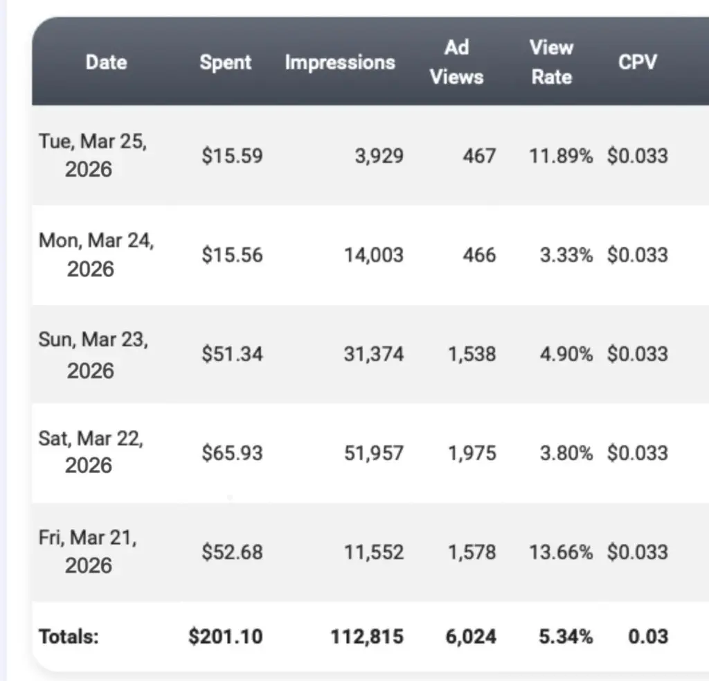 Consistent high-performing video ads with view rates reaching over 48% while maintaining a low $0.03 CPV through optimized audience targeting.